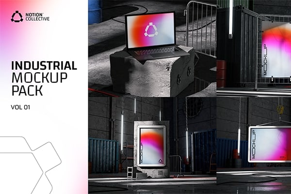 【PS样机】4款现代工业品牌展示厂区形象宣传展板PSD模板 Notion Collective – Industrial Mockups vol. 01