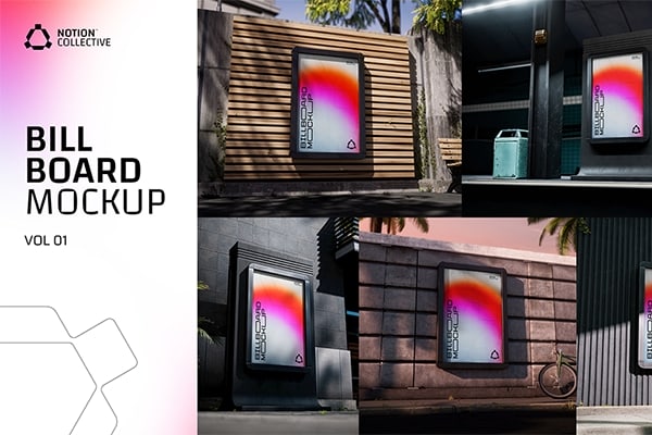 【PS样机】5个独特户外广告牌站台框架灯箱广告宣传PSD模板 Notion Collective – Billboard Mockups vol. 01