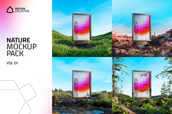 【PS样机】4个户外自然环境背景框架灯箱广告宣传PSD按模板 Notion Collective – Nature Mockups vol. 01