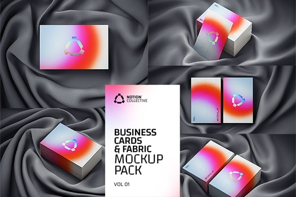 【PS样机】5个布料织物背景卡片名片设计展示宣传PSD模板 Notion Collective – Cards & Fabric Mockups vol. 01
