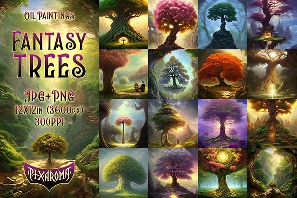 【图片素材】100张高分辨率油画水彩绘画奇幻森林树木插画艺术图片素材 100 Fantasy Trees – Oil Painting Art
