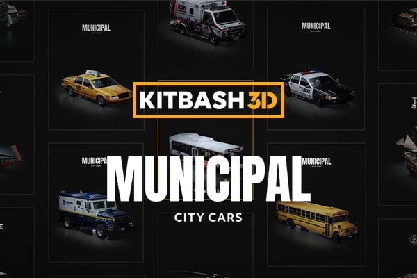 【材质模型】城市公共交通出租车公交车校车警车市政卡车3D贴图材质模型 KitBash3D – City Cars：Municipal