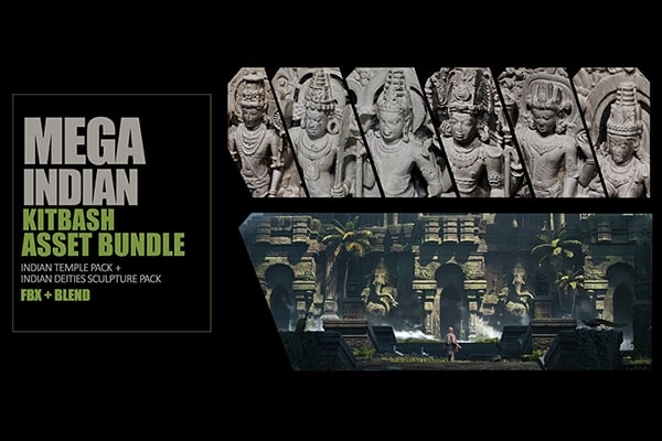【材质模型】印度古寺庙宇建筑雕塑佛像神像3D贴图材质模型 Mega Indian Kitbash Asset Bundle