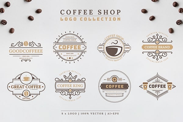 【AI模板】8个咖啡饮品奶茶品牌店面LOGO标志设计模板 Coffee Logo Collection