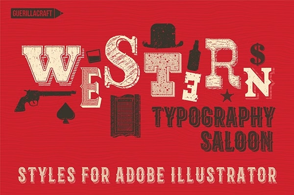 【AI样式】38种19世纪狂野西部电影海报插图杂志复古设计AI文本样式 Western Typography Saloon