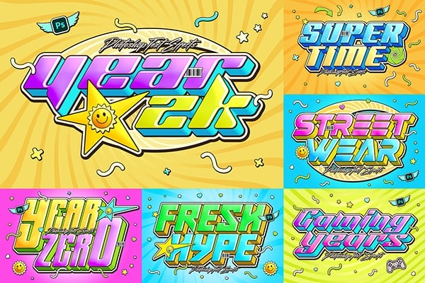 【PSD模板】6个生动明亮复古Y2K美学2020年代设计文本效果PSD模板 Y2k Text Effects