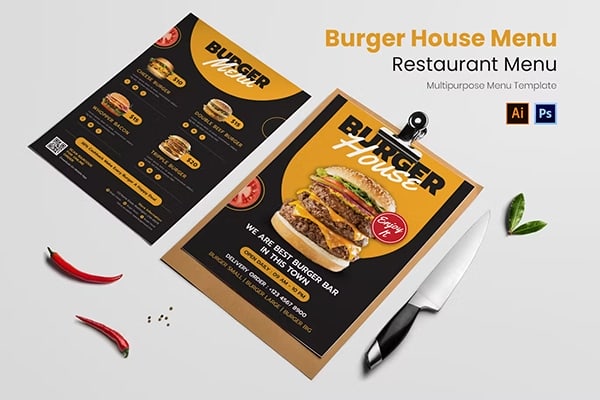 【PSD/AI模板】汉堡之家美食餐厅新品套餐介绍宣传印刷设计PSD/AI模板 Burger House Restaurant Menu