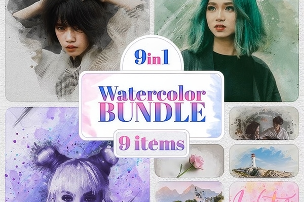 【PS动作/模板】9套逼真油画水彩艺术画颜料泼溅照片效果PS模板动作 Watercolor Bundle