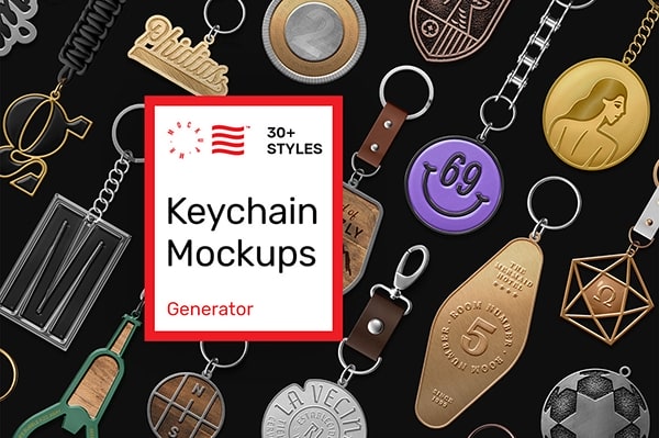 【PS样机】30个金属钥匙扣吊坠挂饰玩具定制展示模型生成器PS样机 Keychain Mockups – Generator