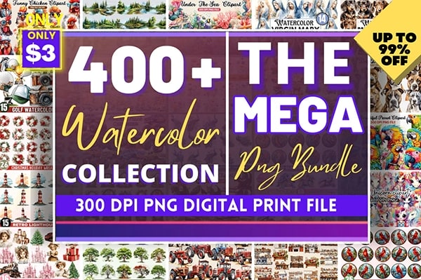 【PNG素材】400+水彩植物景观花鸟动物玩具卡车星星月亮圣诞装饰墙贴贺卡礼品包装剪贴画PNG元素合集 The Mega Watercolor PNG Bundle
