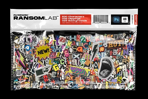 【图片素材】530种复古嘻哈风格字母数字符号撕纸元素酸性标签贴纸剪贴画PS设计套件 Flyerwrk – RansomLab 1.0