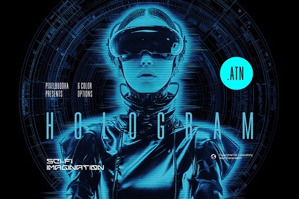 【PS动作】未来科幻时尚游戏赛博朋克虚拟世界HUD全息背景照片生成PS动作 HUD Hologram Photoshop Action