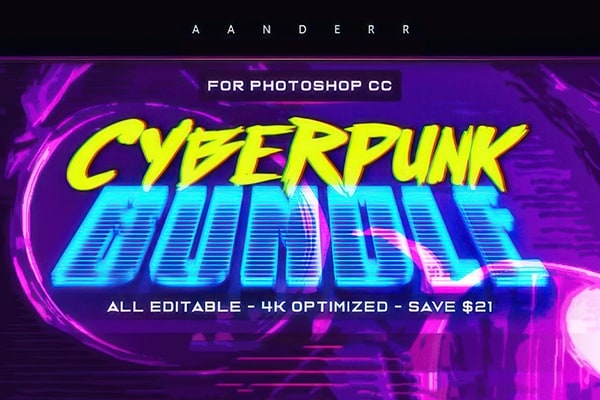 7套科幻赛博朋克霓虹灯光夜景调色全息故障渐变发光照片文字特效PS动作模板合集 Cyberpunk Photoshop Effects Bundle