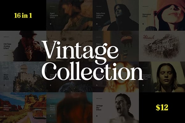 【PSD模板】16套复古怀旧磨损颗粒噪点划痕半色调污渍效果杂志印刷照片书籍扫描件特效PS模板合集 16 in 1 Vintage Photo Effects Bundle