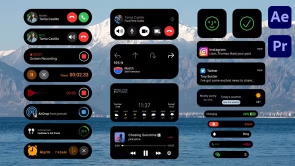 【AE/PR模板】手机灵动岛通知栏UI显示动画(含模板音乐) Phone UI Interface Pack