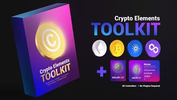 【PR模板】9个虚拟加密货币3D动态展示信息动画 Crypto Elements Toolkit