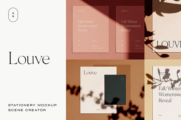 【PS样机】休闲格调文具办公场景自然光影植物前景剪影阴影效果创建PS样机 Louve – Shadow Mockup Scene Creator