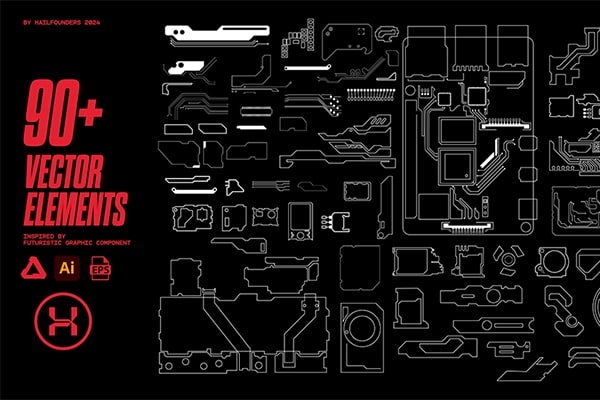 【矢量素材】90+科幻赛博科技HUD边框框架AI矢量图形设计素材 Hailfounders – 90+ Sci-Fi Vector Elements