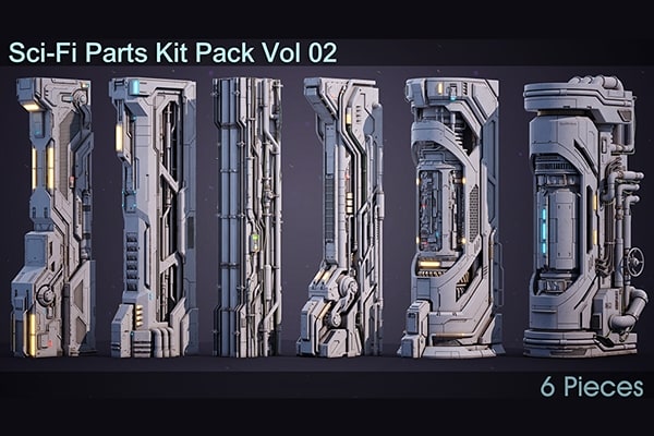 【3D模型】6组高精纹理科幻风格建筑管道立柱模型 Sci-Fi Parts Kit Pack Vol 02 Column