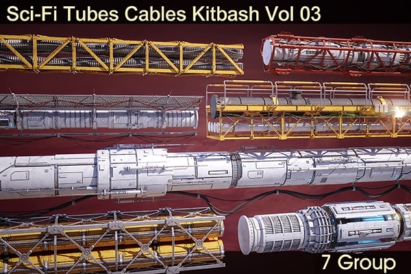 【3D模型】7个科幻高空电缆管道推进仓材质模型 Sci-Fi Tubes Cables pipe Kit Vol 03