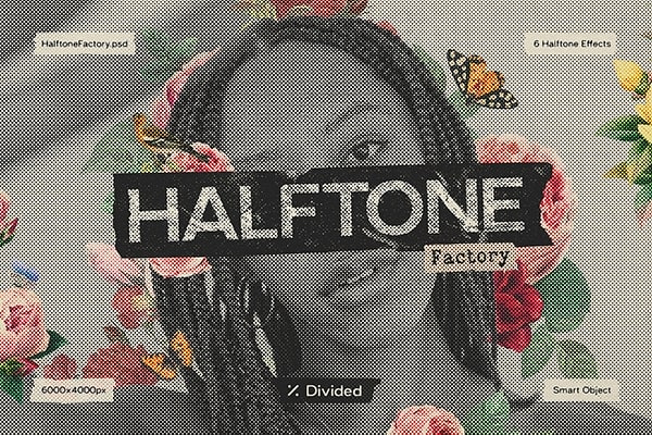 【PSD模板】复古仿旧半色调颗粒纹理老照片生成PS特效模板 Halftone Factory (6 Effects)