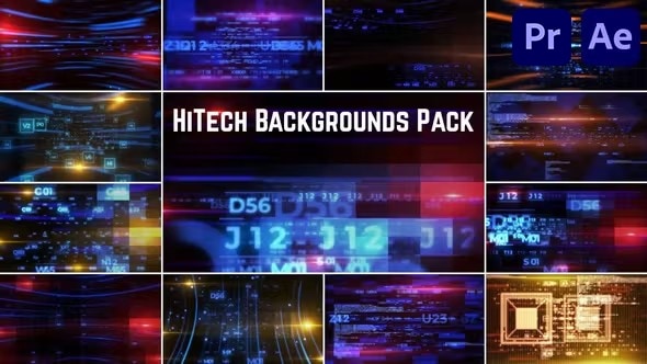 【AE/PR模板】科技线条数字代码粒子光效元素背景动画(含模板音乐) HiTech Backgrounds Pack