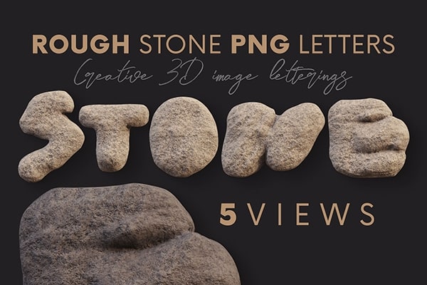 【PNG素材】43个粗糙岩石风化打火石纹理字母数字符号图片素材 Rough Stone – 3D Lettering