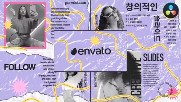 【达芬奇模板】创意时尚褶皱撕纸背景个人形象Vlog宣传媒体展示动画 Torn Creative Slides