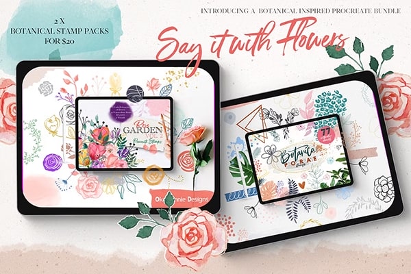 【Procreate笔刷】137支漂亮玫瑰花卉树叶植物元素装饰花纹手绘插画设计iPad笔刷 Say It With Flowers Bundle