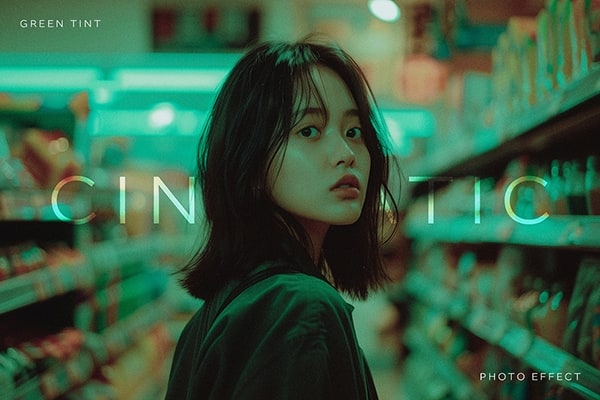 【PSD模板】青绿色电影镜头视觉效果照片色调PS特效模板 Cinematic Green Tint Photo Effect