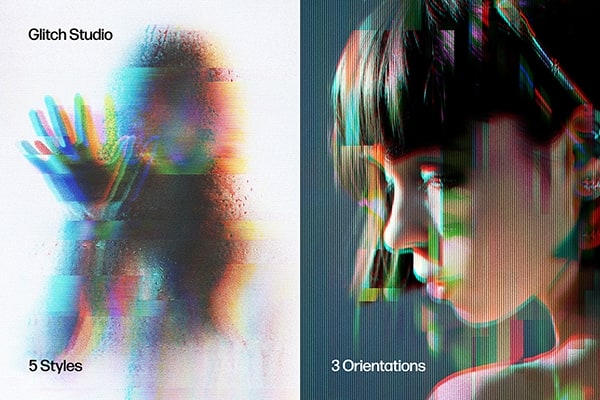 【PSD模板】5种故障光谱撕裂分割错位RGB色彩分离模糊阴影拖尾照片特效PSD模板 Glitch Studio Photo Effects