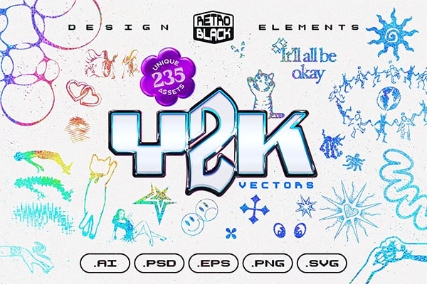 【矢量素材】235款嘻哈复古Y2K千禧年酸性风抽象艺术矢量图形元素设计素材 235 Y2K Shapes, Icons and Elements