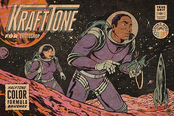 【PS笔刷】复古漫画书刊扫描印刷半色调油墨颗粒磨损纹理着色绘画PS笔刷 KraftTone Comic Brushes – Photoshop