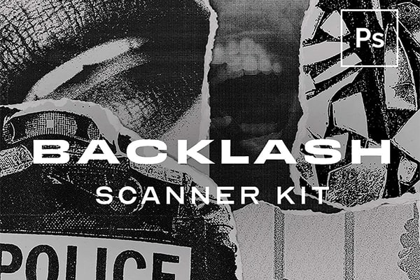 【PS样机】复古黑白反冲半色调颗粒扫描印刷噪点纹理特效PS样机模板 Backlash – Scanner FX Kit