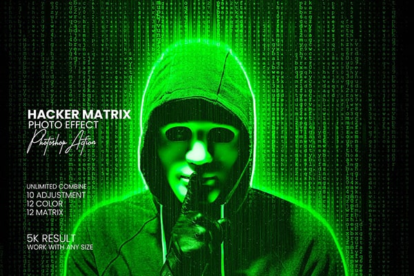 【PS动作】神秘黑客数字代码矩阵背景人像发光效果PS动作 Hacker Matrix Photo Effects