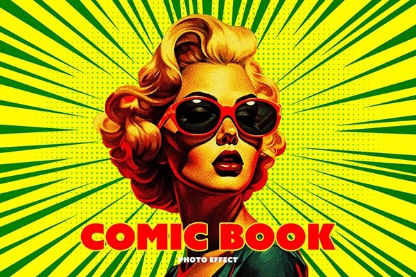 【PSD模板】波普艺术复古漫画爆炸射线背景人像照片特效PSD模板 Pop Art Comic Photo Effect