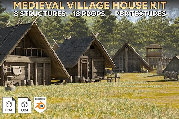 【3D模型】复古中世纪乡村木屋建筑围栏家具设计模型 Medieval Village Kitbash