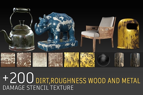 【材质模型】200+粗糙破旧污损划痕废旧金属木材模型纹理材质贴图 +200 stencils: dirt and damage, roughness, metal, wood