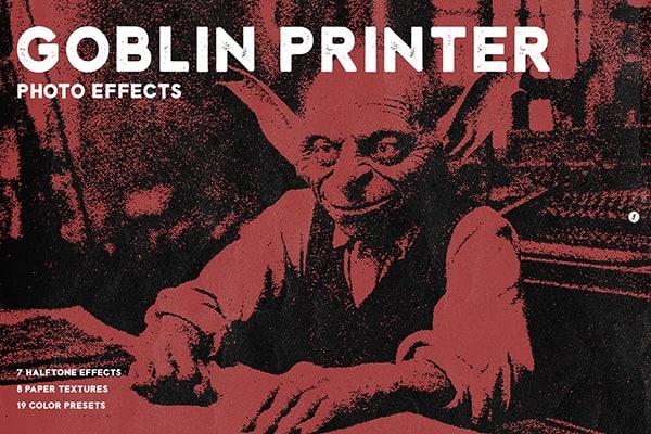 【PSD模板】复古神秘妖媚魔幻光谱半色调印刷照片特效PSD模板 Goblin Printer – Halftone Effects