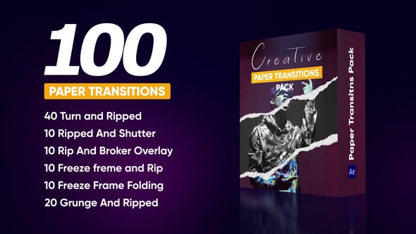 【AE模板】100组创意褶皱纸张撕裂拼贴视频转场过渡预设(含模板音乐) Creative Paper Transitions Pack