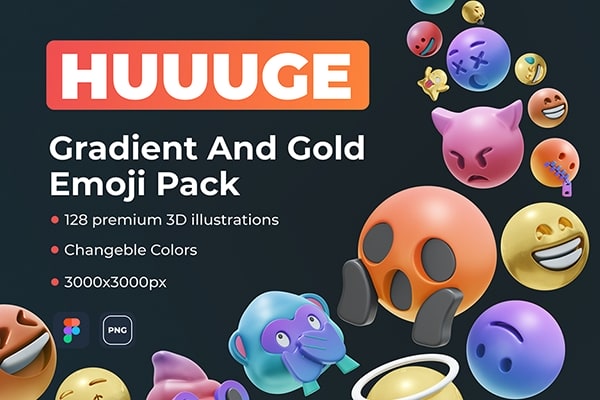 【PNG素材】128个可爱搞怪3D渐变和金色Emoji趣味表情创意素材 HUUUGE Gradient And Gold Emoji 3D Pack