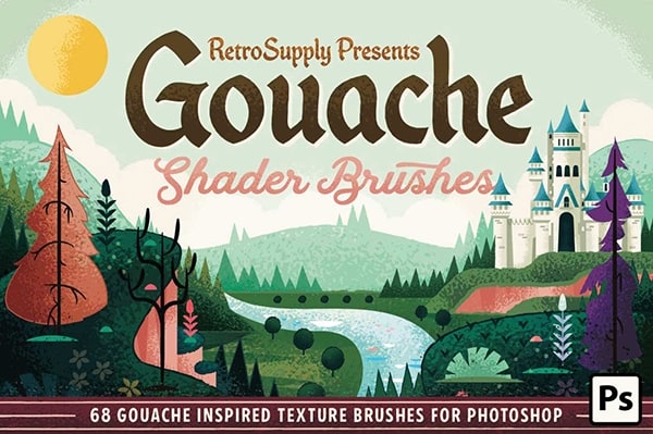 【PS笔刷】68支水粉画手绘儿童插画散点颗粒纹理PS笔刷 Retro Supply – Gouache Shader Brushes for Photoshop