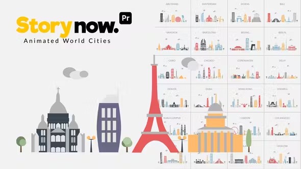 【PR模板】35个二维扁平化世界城市建筑图形MG动画包(含模板音乐) Story Now | Animated World Cities