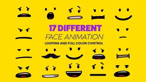 【AE模板】17个可爱卡通脸部表情包Emoji动画 Cartoon Animated Face Pack 03