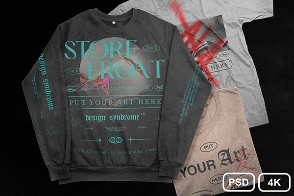 【PS样机】13款潮流时尚T恤卫衣设计展示印花贴图PS样机 Design syndrome – Storefront Mockup Pack