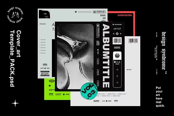 【PS样机】5款潮流时尚音乐唱片CD光盘艺术封面包装盒宣传设计PS贴图样机 Design syndrome – Cover Art Template Pack Vol.3