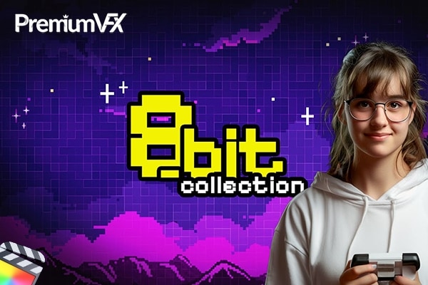 【FCPX插件】70个复古8Bit像素风格化游戏图形符号标题元素转场动画 PremiumVFX – 8bit Collection 汉化版