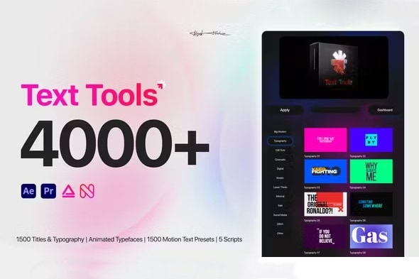 【AE/PR脚本】4000个时尚文本字体标题排版场景元素自定义组合创建动画预设 Text Tools – Most Versatile Titles Pack – Scripts – Fonts – Extension