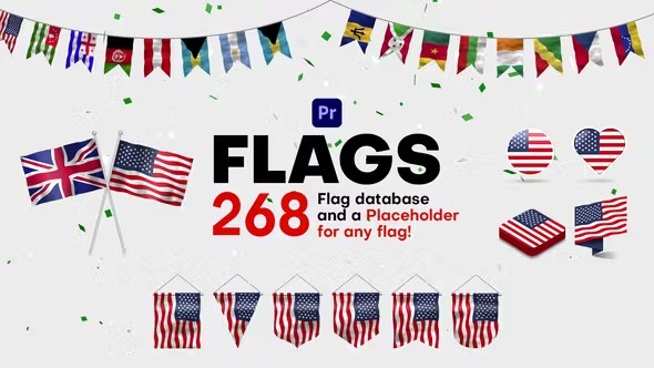 【PR模板】268个国旗队旗彩旗飘扬旗帜MG动画 Flags for Premiere Pro