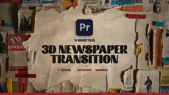 【PR模板】14种真实3D复古报纸报刊墙背景视频转场动画 3D Newspaper Transition For Premiere Pro